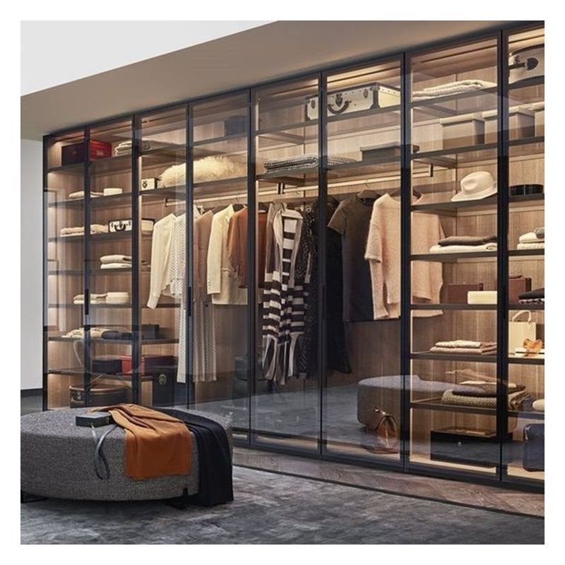 Estilo de diseño moderno Armario minimalista de madera con panel de puerta de vidrio y banda de luz