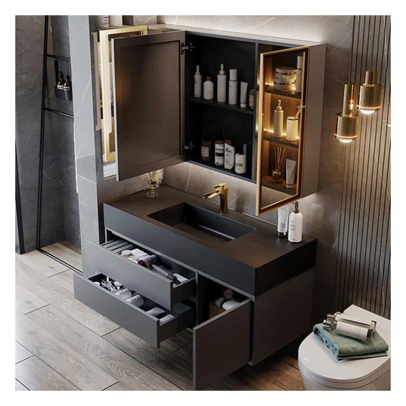 Vanidad de baño de madera maciza gris lacada con panel de puerta de vidrio y diseño de cuenca integral