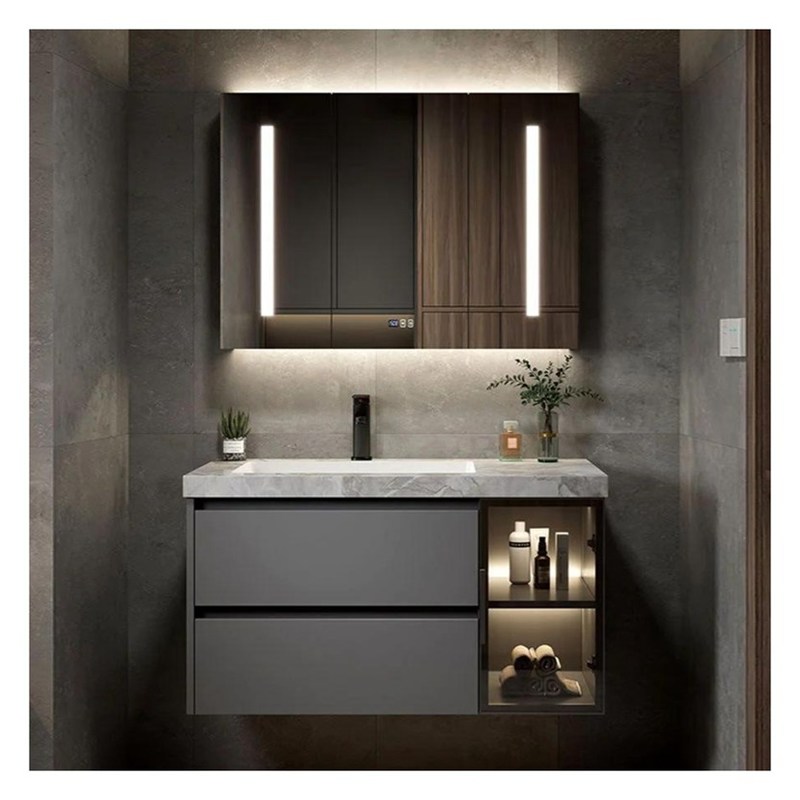 Vanidad de baño de madera maciza gris lacada con panel de puerta de vidrio y diseño de cuenca integral