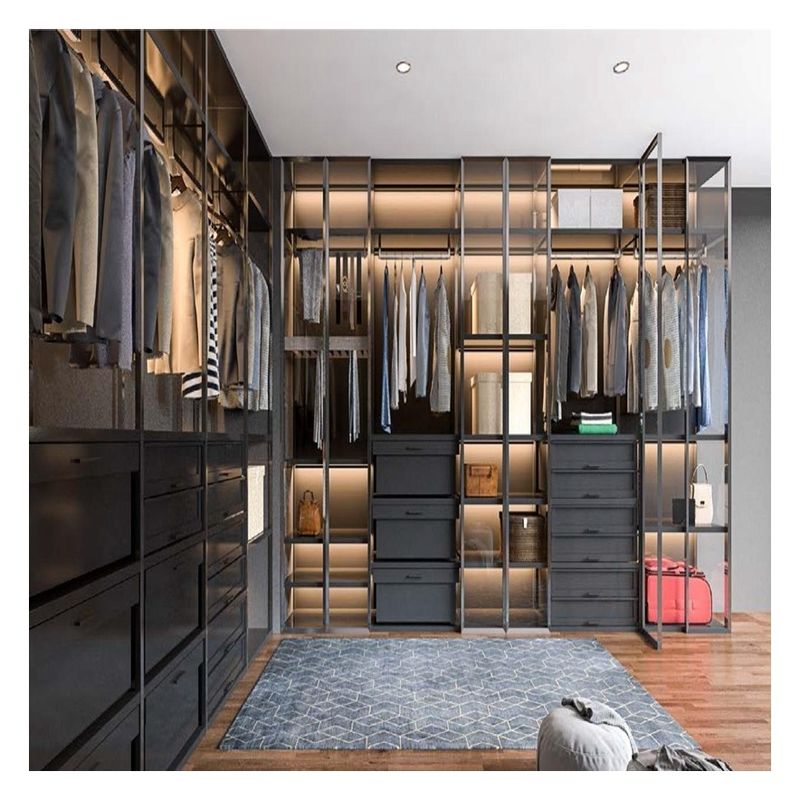 Estilo de diseño moderno Armario minimalista de madera con panel de puerta de vidrio y banda de luz