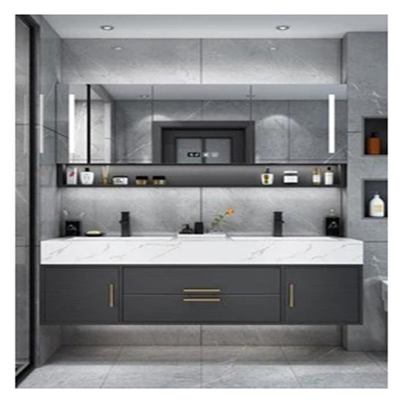 Vanidad de baño de madera maciza gris lacada con panel de puerta de vidrio y diseño de cuenca integral