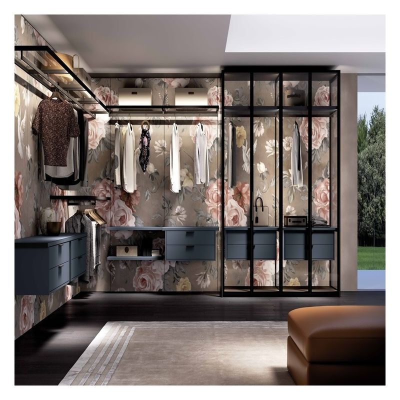 Estilo de diseño moderno Armario minimalista de madera con panel de puerta de vidrio y banda de luz