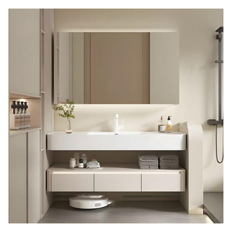 Combo flotante de vanidad de laca blanca con encimera de diseño redondeado y puertas de madera sólida