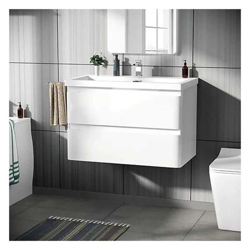 Vanidad de baño suspendida redonda de madera maciza con fregadero y acabado brillante de formato pequeño