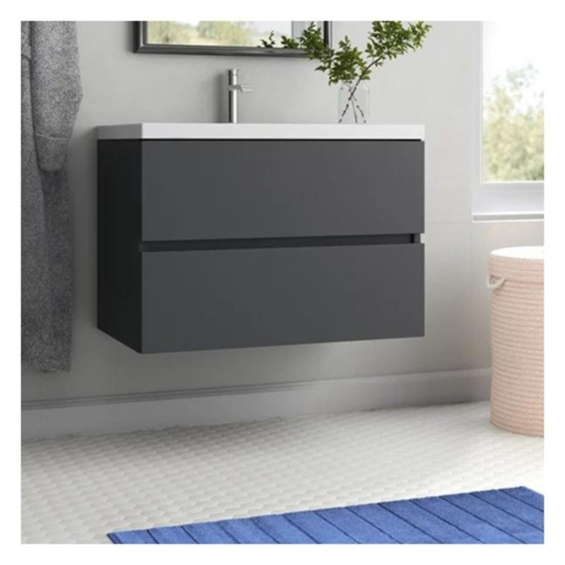 Vanidad de baño suspendida redonda de madera maciza con fregadero y acabado brillante de formato pequeño