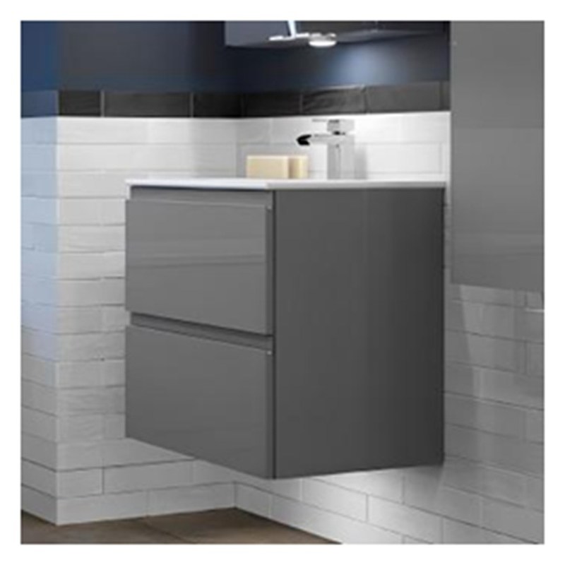 Vanidad de baño suspendida redonda de madera maciza con fregadero y acabado brillante de formato pequeño