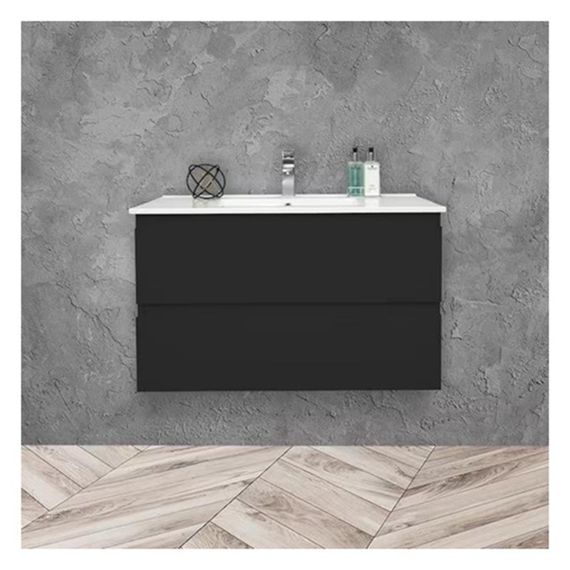 Vanidad de baño suspendida redonda de madera maciza con fregadero y acabado brillante de formato pequeño