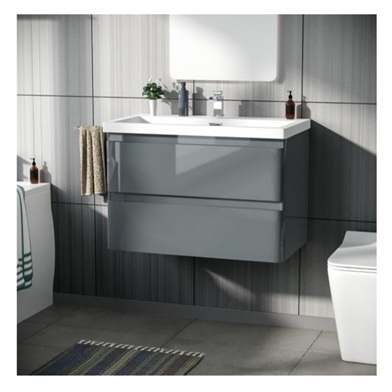 Vanidad de baño suspendida redonda de madera maciza con fregadero y acabado brillante de formato pequeño