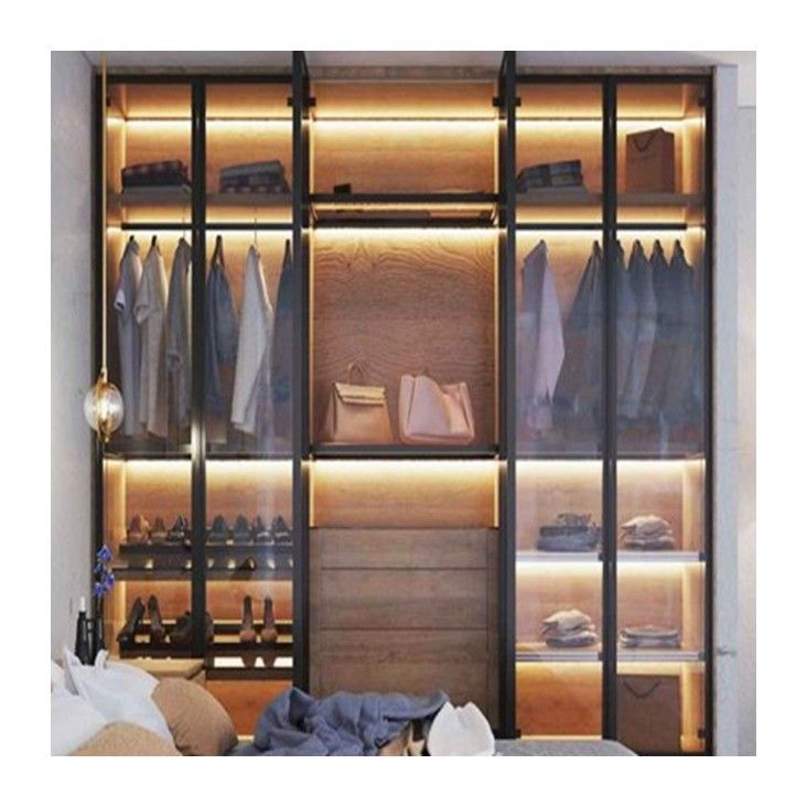 Armario de dormitorio de madera maciza con paneles de puerta de vidrio personalizados y puertas corredizas de metal