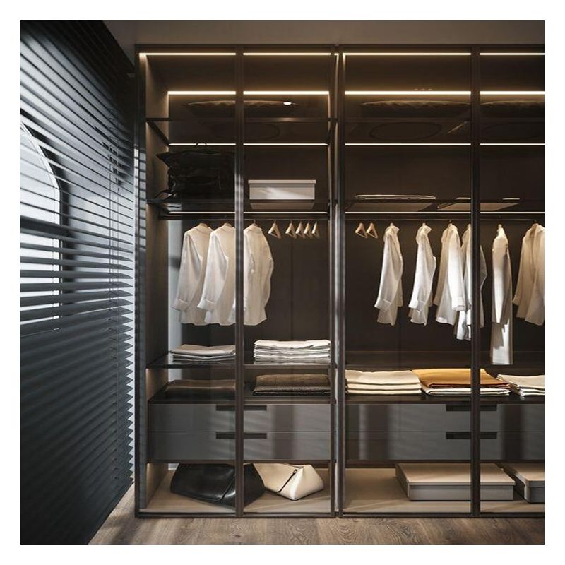 Armario de dormitorio de madera maciza con paneles de puerta de vidrio personalizados y puertas corredizas de metal