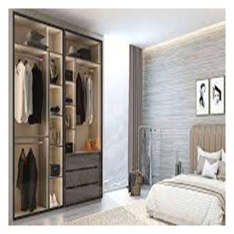 Armario de dormitorio de madera maciza con paneles de puerta de vidrio personalizados y puertas corredizas de metal