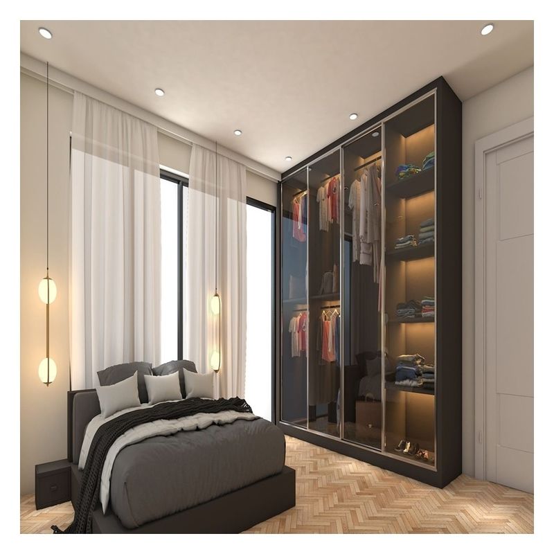 Armario de dormitorio de madera maciza con paneles de puerta de vidrio personalizados y puertas corredizas de metal