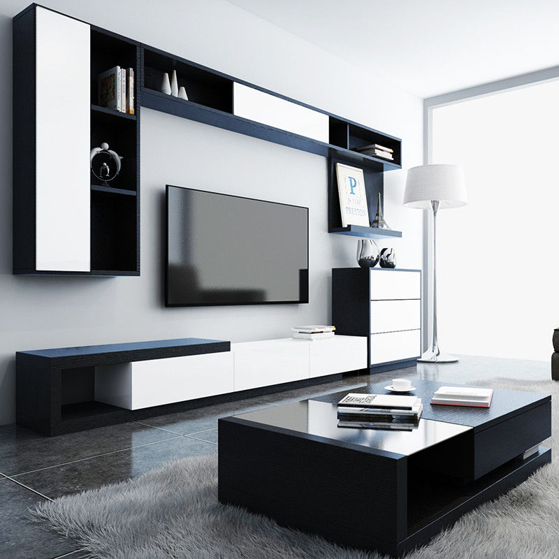 Unidad de soporte de TV montada en pared de madera ajustable para diseño de sala de estar moderna de lujo