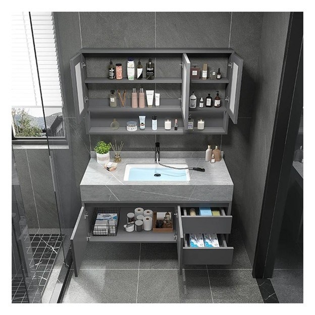 Baño único personalizado con espejo inteligente Minimalista gabinete de madera sólida