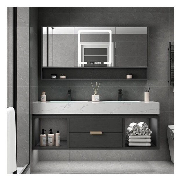 Baño único personalizado con espejo inteligente Minimalista gabinete de madera sólida