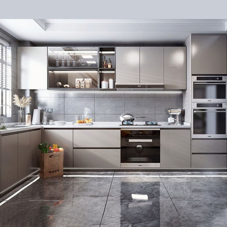 Muebles de cocina modernos de alta brillantez con panel de puerta de membrana de PVC