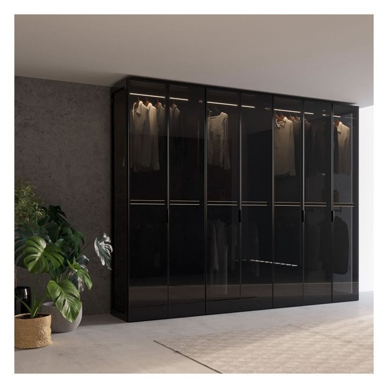Muebles modernos Panes de vidrio enmarcados en aluminio negro de madera maciza Armario con decoración de barra ligera