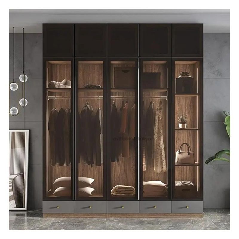 Muebles modernos Panes de vidrio enmarcados en aluminio negro de madera maciza Armario con decoración de barra ligera