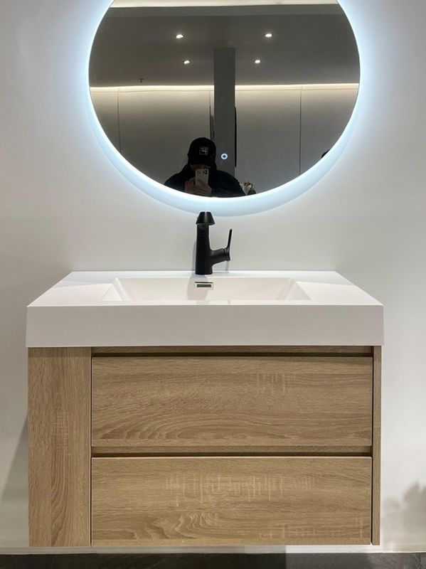 Muebles de baño de hotel tamaño personalizado impermeable piso de vanidad montado y ahorrando espacio