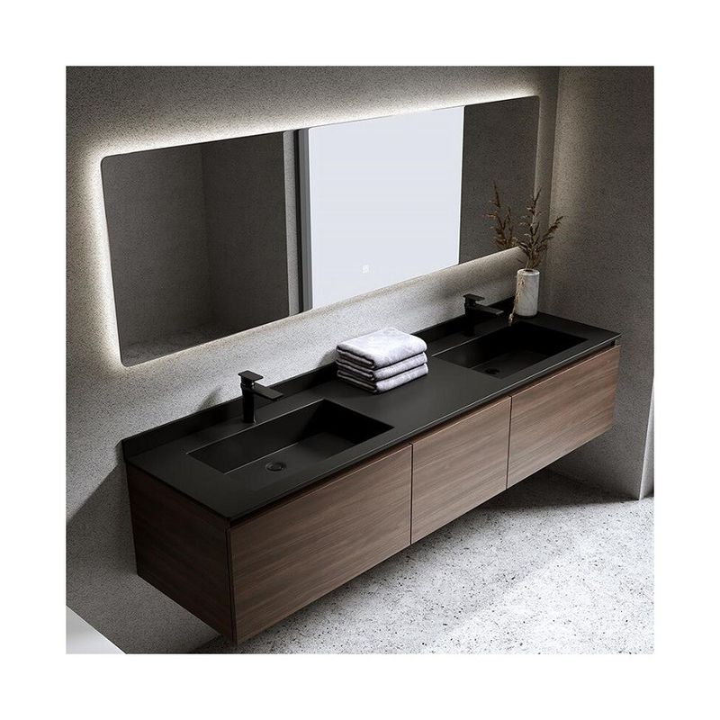 Estilo moderno impermeable personalizado doble fregadero de pared colgado baño de la vanidad con espejo de plata