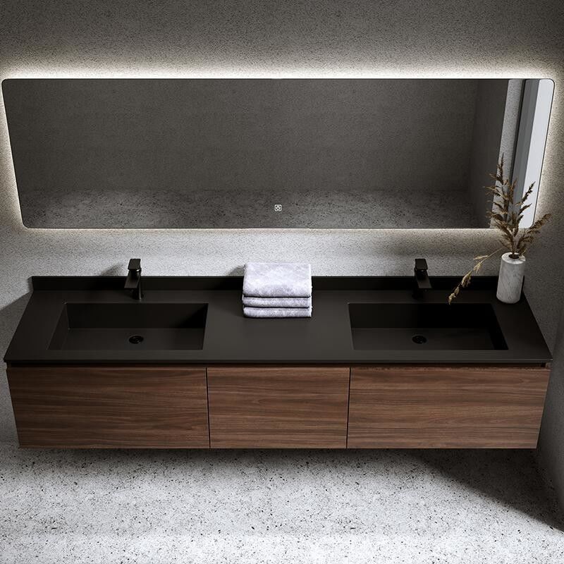Estilo moderno impermeable personalizado doble fregadero de pared colgado baño de la vanidad con espejo de plata