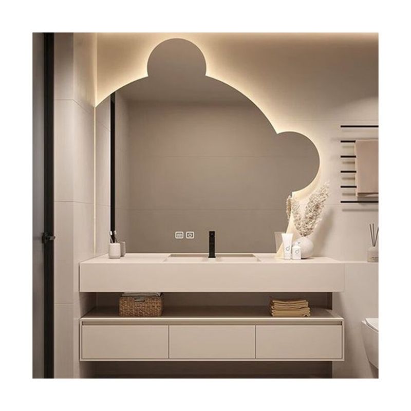 Armario de espejos LED rectangulares con encimera de piedra sinterizada y espacio de almacenamiento en el baño