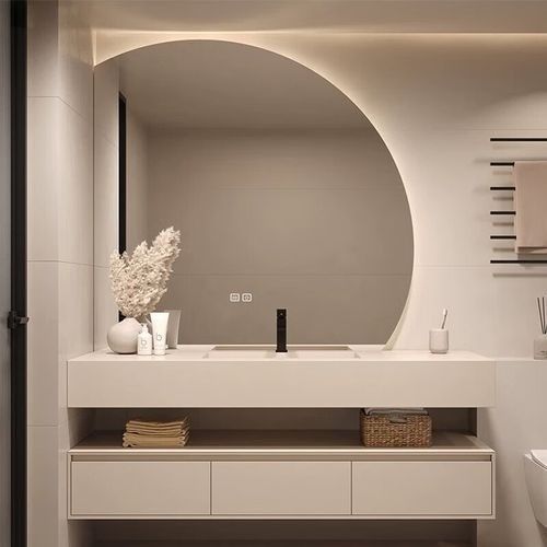 Armario de espejos LED rectangulares con encimera de piedra sinterizada y espacio de almacenamiento en el baño