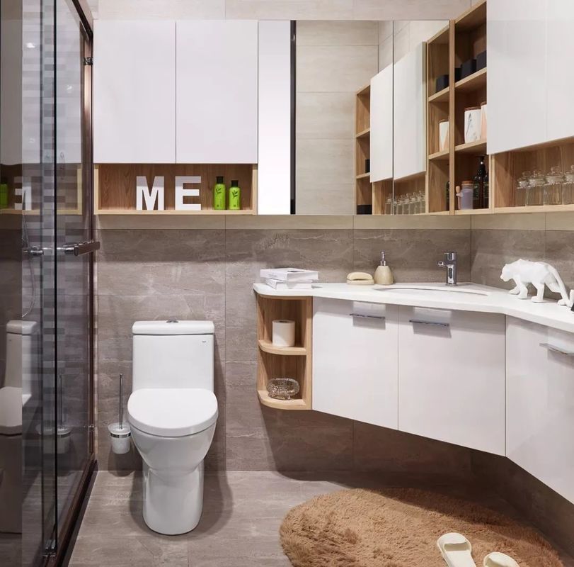 Armarios de baño modernos de la esquina nórdica con espejo de luz LED y combo de vanidad