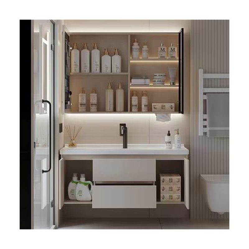 Armario de baños de MDF de diseño libre de mango con cajón y lavabo de espejo