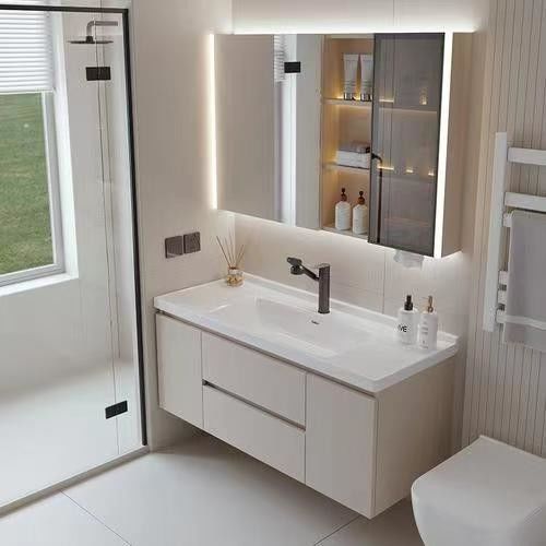 Armario de baños de MDF de diseño libre de mango con cajón y lavabo de espejo