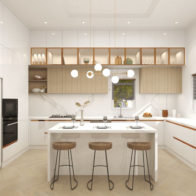 Armarios de cocina modernos completos con encimera de piedra de cuarzo y depósito de despensa de madera