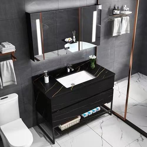 Moderno estilo montado en la pared conjunto de baño de la vanidad con espejo de mármol de arriba y grifo incluido