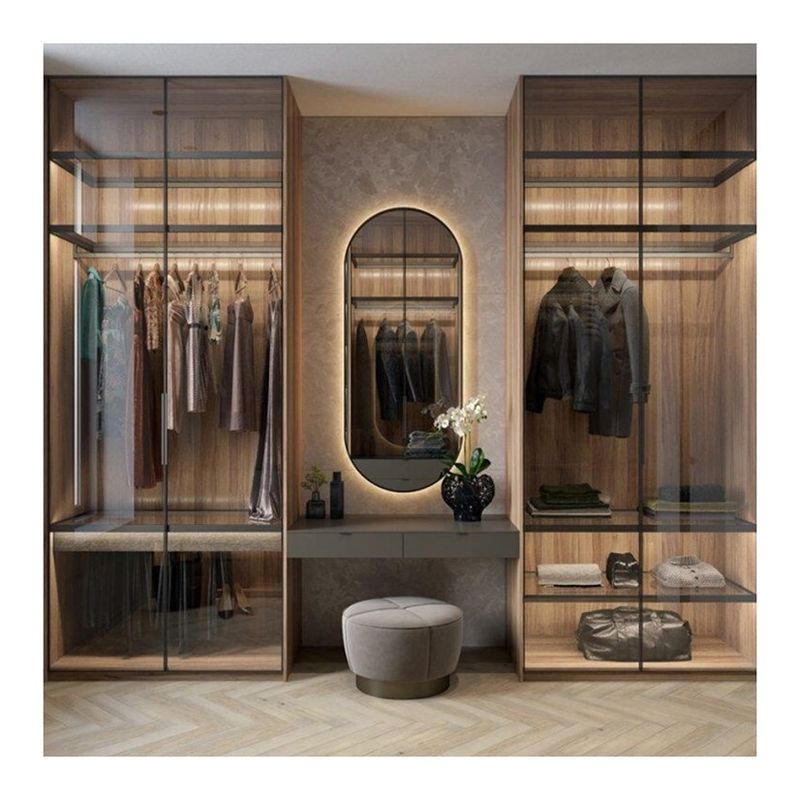 Diseño moderno Cuadro de aluminio personalizado Puerta de vidrio MDF Armario con centro de isla