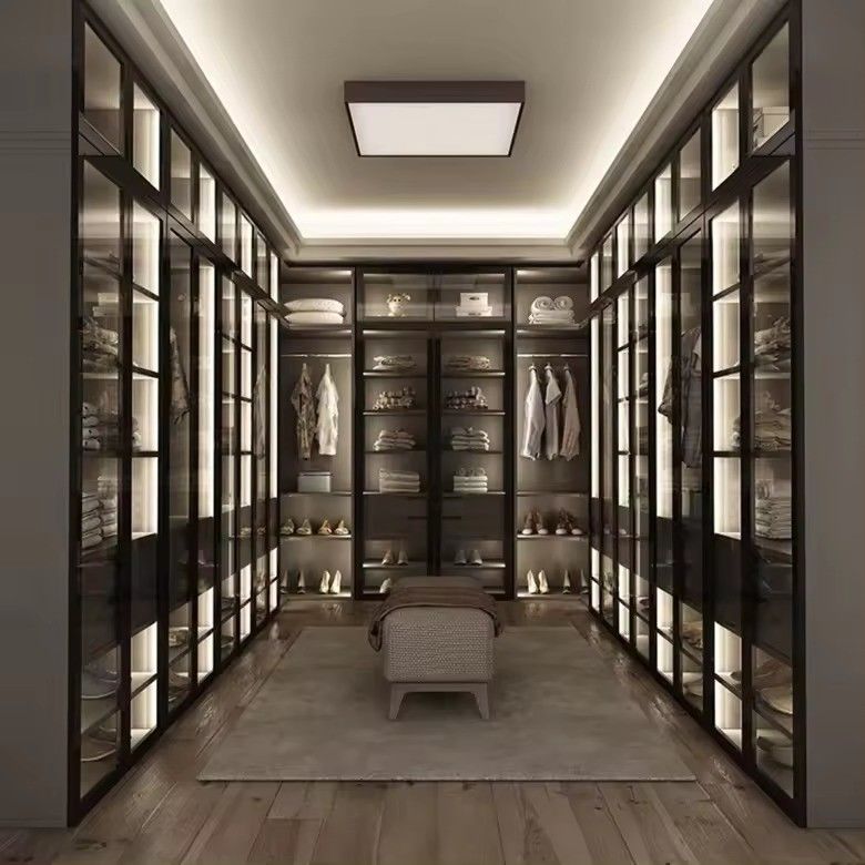 Diseño moderno Cuadro de aluminio personalizado Puerta de vidrio MDF Armario con centro de isla