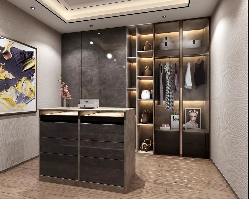 Diseño moderno Cuadro de aluminio personalizado Puerta de vidrio MDF Armario con centro de isla