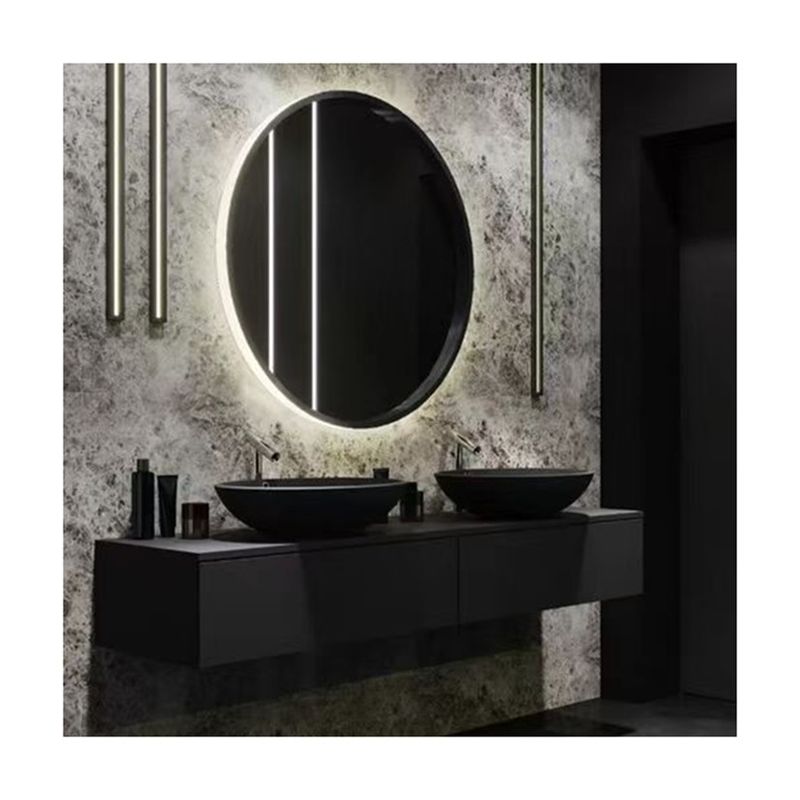 Apartamento Superficie sólida Negro Baño Led Espejo Alto Gabinete CAD Diseño Vanidad Combo