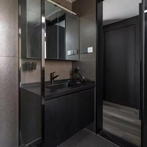 Apartamento Superficie sólida Negro Baño Led Espejo Alto Gabinete CAD Diseño Vanidad Combo
