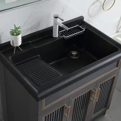 Apartamento Superficie sólida Negro Baño Led Espejo Alto Gabinete CAD Diseño Vanidad Combo