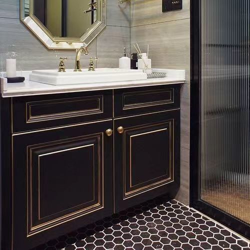 Apartamento Superficie sólida Negro Baño Led Espejo Alto Gabinete CAD Diseño Vanidad Combo