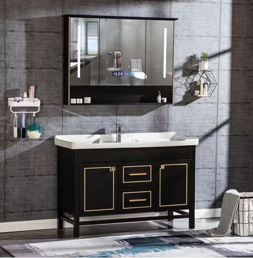 Apartamento Superficie sólida Negro Baño Led Espejo Alto Gabinete CAD Diseño Vanidad Combo