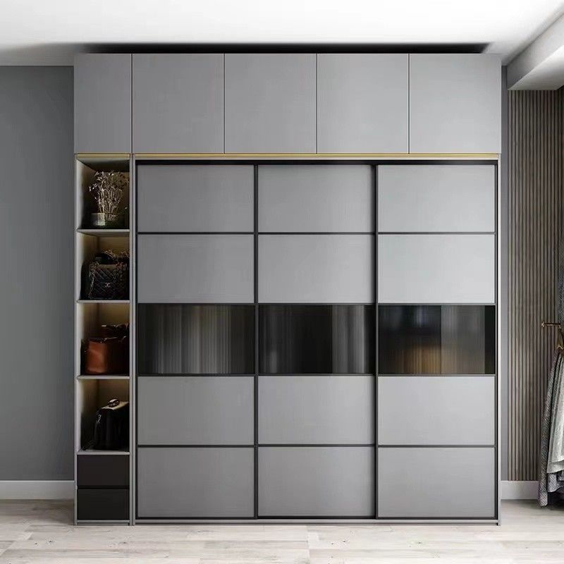 Diseño minimalista Armario modular gris mate con estilo moderno y paneles de estilo de madera