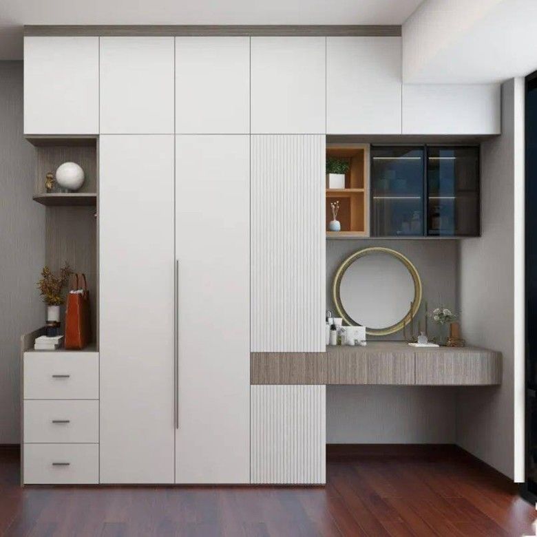 Armario de estilo moderno de 3 puertas con mesita de vestidor de espejo YALIG hecha a medida de madera sólida