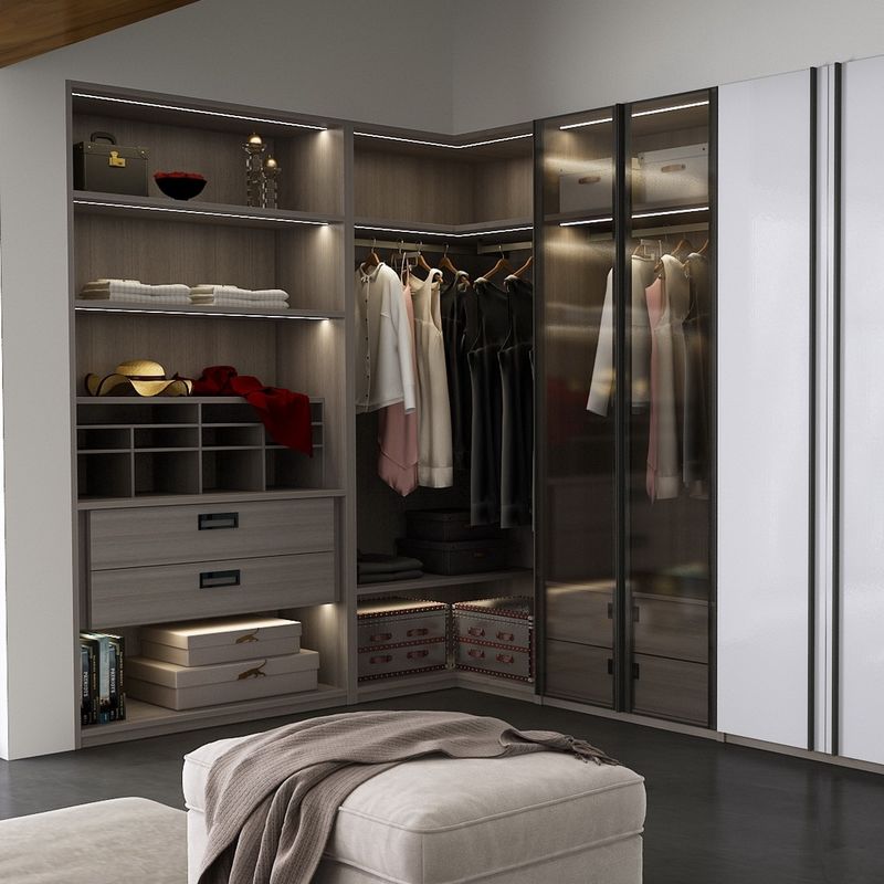 Muebles de dormitorio moderno pequeño en forma de L caminar en el armario armario para la solución de dormitorio