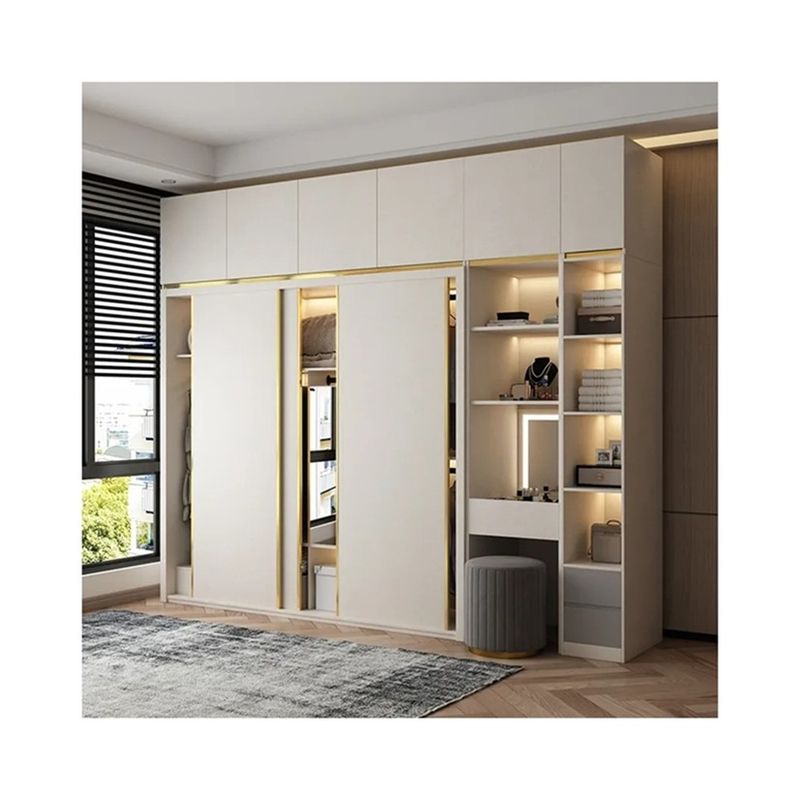 YALIG Madera maciza dormitorio completo pared 3 puertas armario de esquina con espejo mesa de vestir