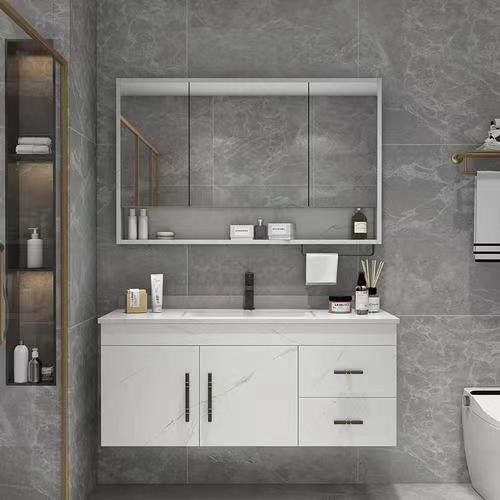 Rectángulo Blanco Laca Matte Vanidad de pintura con cajón cerrado suave y escritorio de piedra de cuarzo