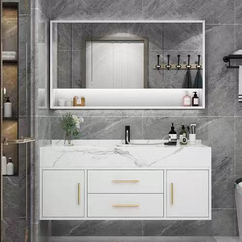 Rectángulo Blanco Laca Matte Vanidad de pintura con cajón cerrado suave y escritorio de piedra de cuarzo