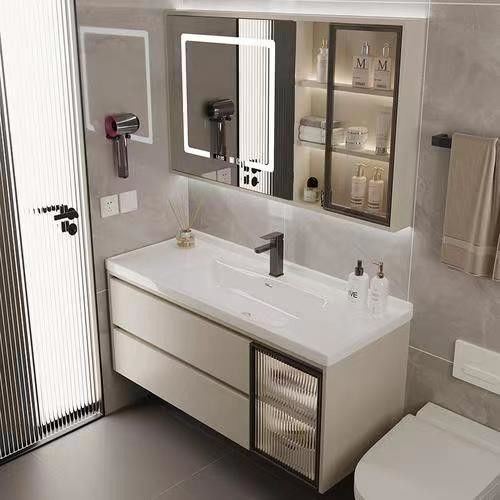 Rectángulo Blanco Laca Matte Vanidad de pintura con cajón cerrado suave y escritorio de piedra de cuarzo