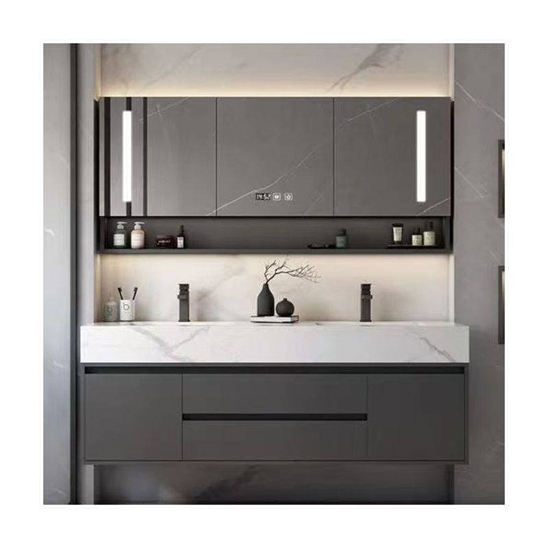 YALIG gabinete de baño de madera contrachapada conjunto de vanidad con fregadero doble y tierra de la vanidad de Dios mango
