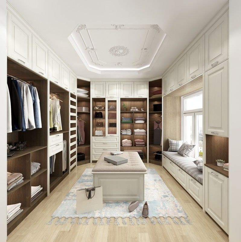 Elegante armario abierto de madera para diseño de interiores y organización de armarios